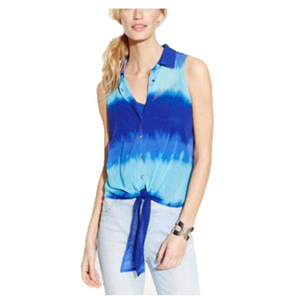 INC Blue Tie Dye Sleeveless Layered Top Blouse & Separate Cami, Jewel Buttons